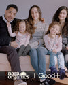 Family of five sitting together on a couch with 'nara organics' and 'Good+' logos at the bottom.