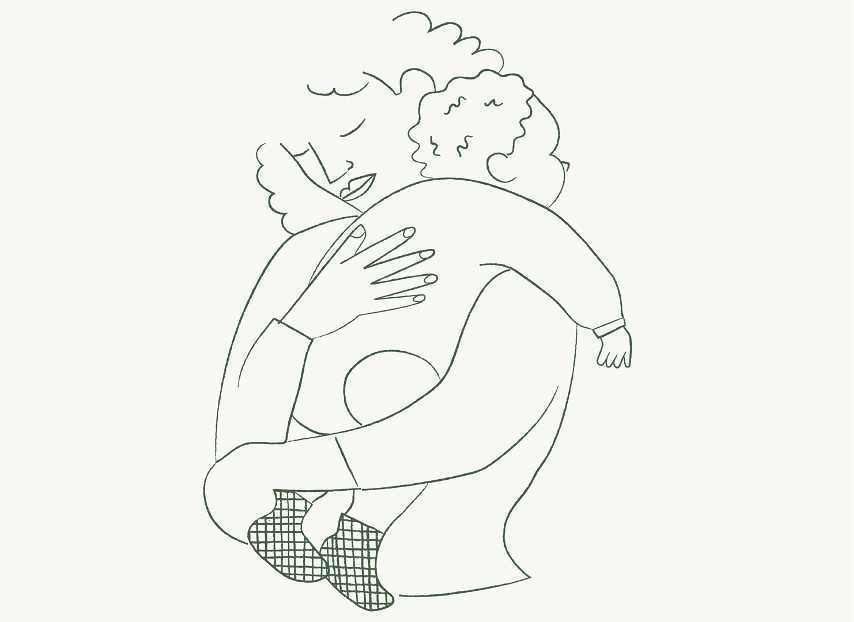 Illustration of a woman burping a baby over her shoulder