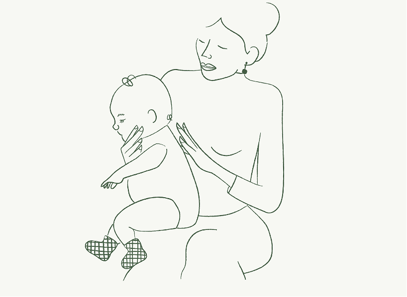 Illustration of a woman burping a child seated on her knee