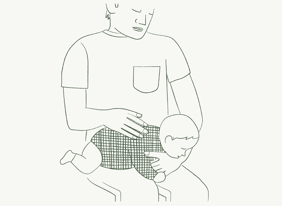 Illustration of a man burping a child lying across his lap
