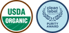 USDA Organic and Clean Label Project Purity Award logos side by side.